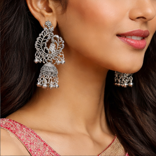Elegant Silver Oxidized Jhumka Earrings – Traditional Peacock Design Statement Jewelry