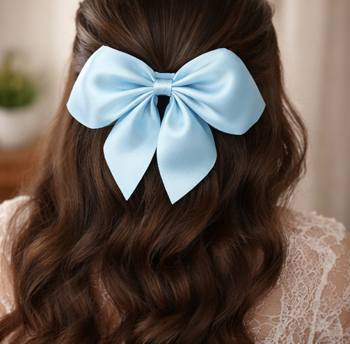 Elegant Sky Blue Satin Bow Hair Clip with Premium Finish for Women