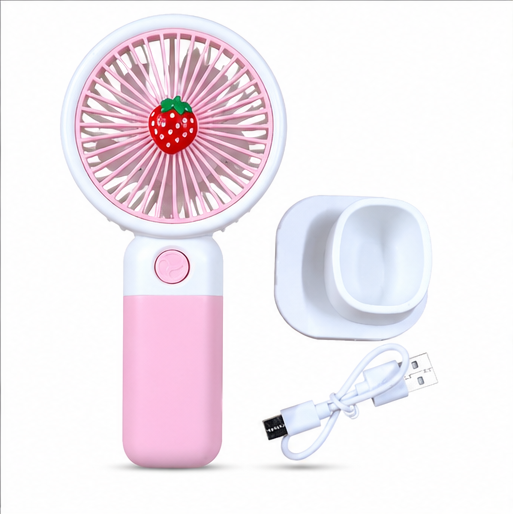 Cute Strawberry Portable Mini Fan, USB Rechargeable Handheld Fan with Desktop Stand, Lightweight Personal Cooling Fan for Office, Home, Travel & Outdoor Use (Pink & White)