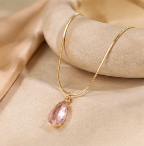 Gold Tone Pink Teardrop Pendant Necklace for Women, Stainless Steel Chain with Faceted Pink Crystal Charm, Elegant Jewellery for Weddings, Festivals, Parties & Daily Wear