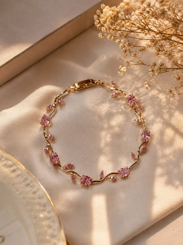 Pink Tulip Vine Bracelet – Elegant Floral Crystal Charm Bracelet