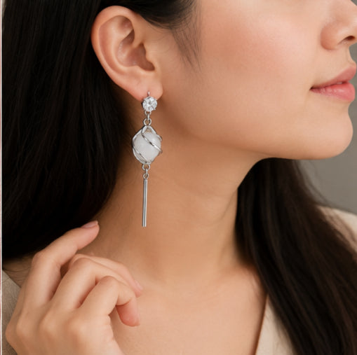 Elegant silver crystal long drop earrings for women featuring a sparkling round stud, white gemstone and delicate hanging bar design